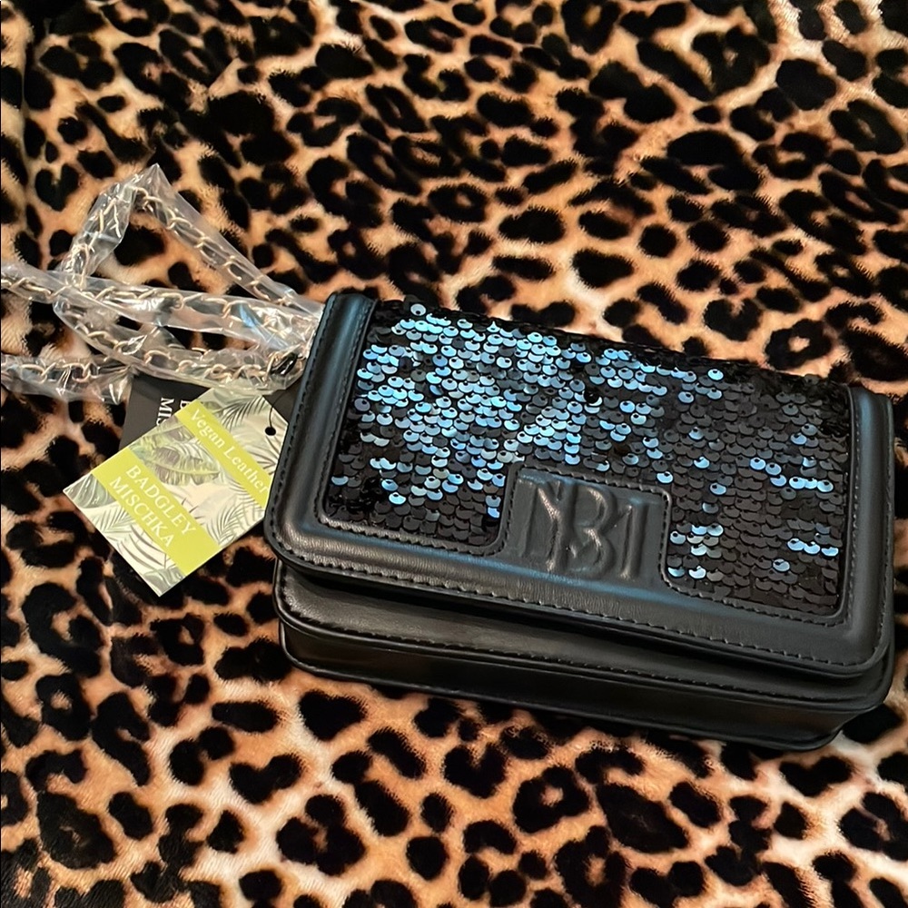 Badgley Mischka Black clutch with crossbody with Sequin Embellishments